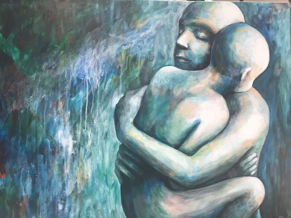 'Self-Compassion', a painting by Gabbie Cailes of a figure gently embracing another, in soft blues and greens
